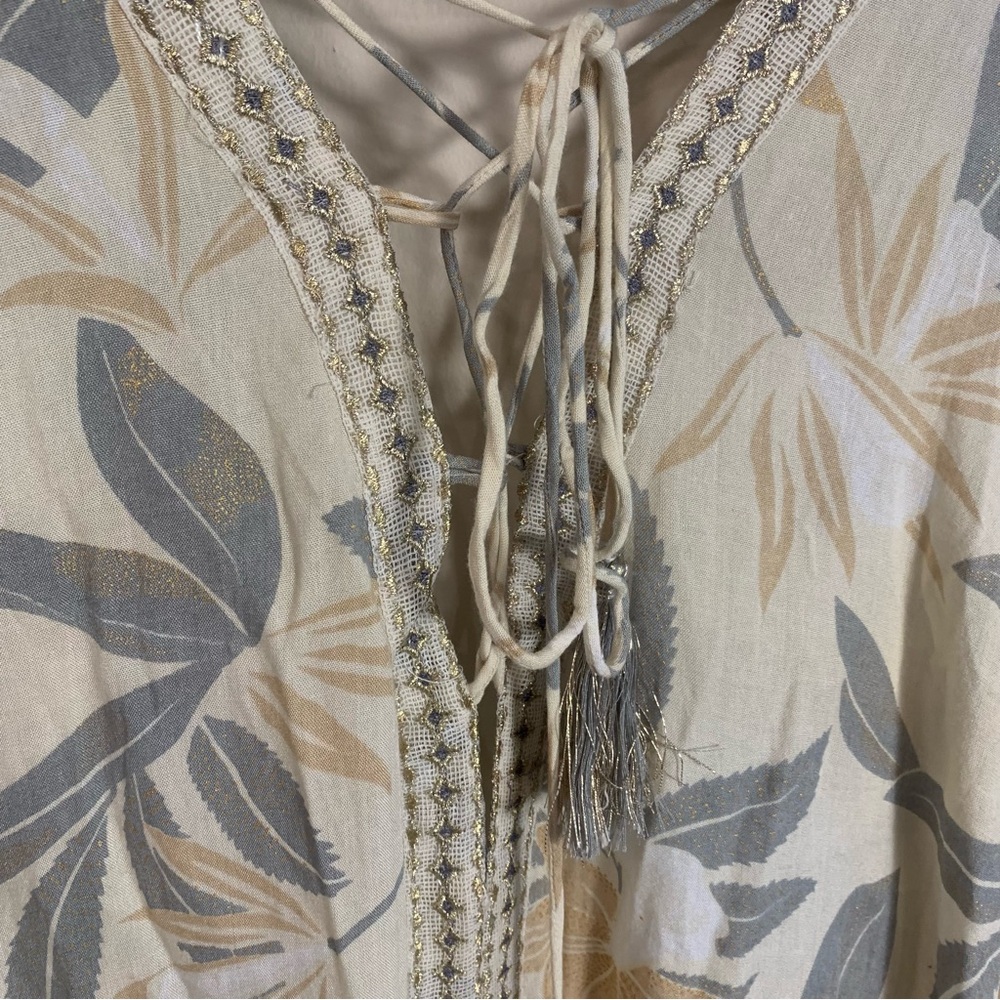 Z&L Tropical Leaf Print Kaftan Maxi Dress Metallic Embroidery Tassel - Picture 6 of 14
